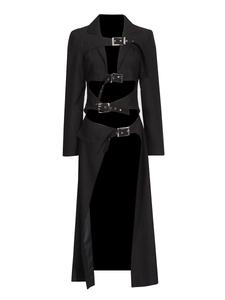 Avant-garde black long trench coat featuring hollow-out waist and silver metal buckles