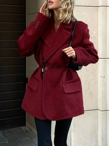 Blazer en Laine Femme Élégant Rouge Vin Coupe Large Style Coréen Couleur Unie Manches Longues Veste Décontractée Extérieure