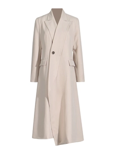 Elegant beige mid-length trench coat with classic lapel and single-breasted button design