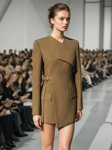 Brown slim fit blazer dress with asymmetrical V-neck and decorative metal belt buckle