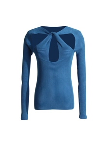 Slim fit navy blue ribbed sweater with elegant twisted cutout design for women