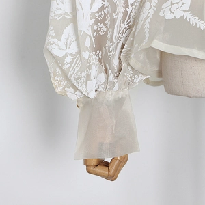Detail of floral embroidery on sheer lantern sleeves with elastic cuffs for women