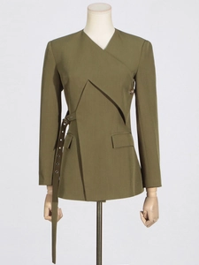 Women's army green V-neck blazer featuring asymmetric wrap design and side eyelet belt