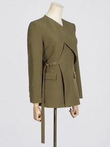 Olive green V-neck blazer for women featuring a structured layered design with a belted waist