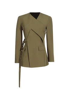 Olive green asymmetric V-neck blazer with waist belt and flap pockets for women