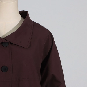 Detailed close-up of dark brown trench coat collar with large black buttons and thick fabric