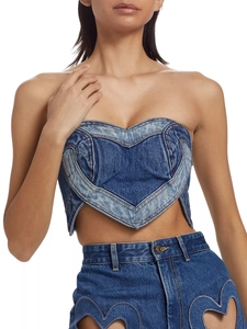 Top a Tubo in Denim Sexy Donna Patchwork a Cuore Senza Spalline Cerniera Vestibilità Aderente Bustier in Denim Y2K Blu