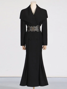Elegant black long-sleeved midi dress with unique cape collar and belted waist detail