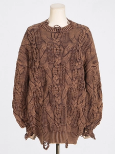 Vintage dark brown chunky cable knit sweater with distressed ripped details for women