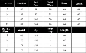 Detailed size chart for the slim fit top and skirt set with measurements in centimeters