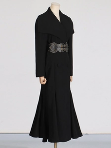 Elegant black long trench coat for women with wide waist belt and retro metallic buckles