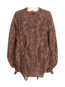 Distressed brown cable knit sweater for women with loose fit and ripped crew neck detail