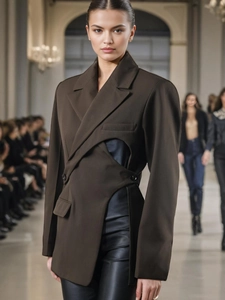 Blazer Moderne Femme Asymétrique Ajouré Marron Foncé Lacet Revers Manches Longues Veste Décontractée à la Mode