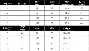 Detailed size chart for women's slim fit long sleeve top and pants set with measurements