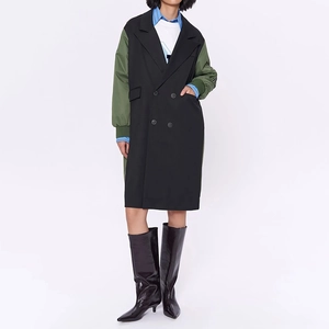 Detail of British style trench coat with contrast sleeves and double-breasted buttons