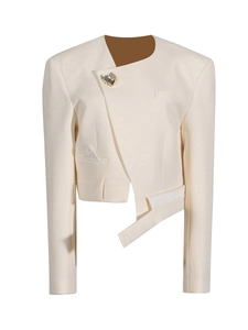 Modern cream cropped blazer for women with asymmetrical hem and gold shell button detail