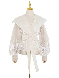 Elegant ivory organza floral embroidered blouse with lantern sleeves and a bow belt
