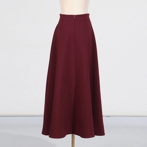 Detailed back view of a high-waisted deep burgundy A-line skirt with an invisible zipper