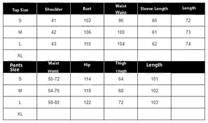 Detailed size chart for long sleeve top and wide leg pants set with precise S-L measurements