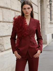Damen Elegant Burgund Schmale Passform Blazer Mit 3D Organza Blumen Dekoration Langarm V Ausschnitt Abend Party Mode Oberbekleidung