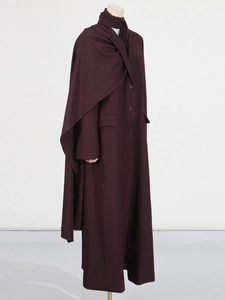 Elegant deep burgundy long trench coat for women with matching scarf and lapel collar