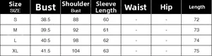Detailed size chart for women's irregular blazer including shoulder and bust measurements