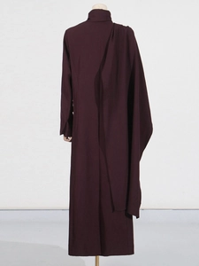 Elegant deep burgundy long sleeve maxi dress with asymmetrical drape and high neck design