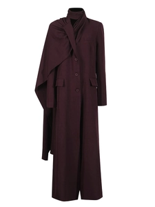 Minimalist long berry red wool coat with asymmetrical scarf collar and button closure