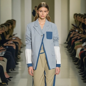 Detail of deconstructed blazer with asymmetric patchwork and pleated sleeves on the runway