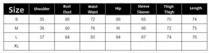 Detailed size chart for lace ruffled bodysuit showing S, M, L, XL measurements