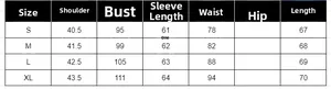 Detailed size chart for women fringe blazer showing shoulder, bust, sleeve, waist, and length