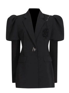 Blazer nero da donna con maniche a sbuffo e dettaglio di frange di perline