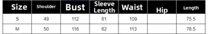 Size chart for women's oversized blazer with measurements in cm for S and M sizes