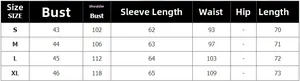 Size chart with measurements for women's blazer including shoulder, bust and sleeve length