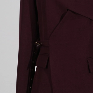 Detailed macro shot of burgundy blazer waist with metal grommets and buckle belt detail