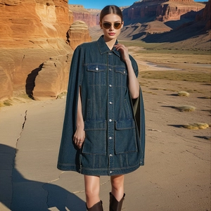Detail of blue denim cape jacket featuring split sleeves and large utility pockets