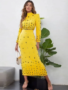 Ensemble de Vêtements Élégant pour Femmes avec Strass Top And Bottom Manche Longue Jupe Maxi en Polyester