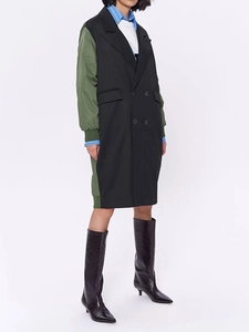 British style long trench coat with green contrast sleeves and double-breasted design