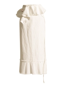 White linen maxi skirt featuring elegant ruffle trim and a stylish high-waisted wrap design