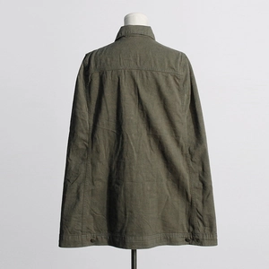 Back view of army green utility jacket showing seam details and metal adjustment buckles