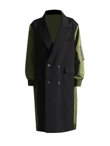 British style long trench coat with green bomber jacket sleeves and contrast splicing