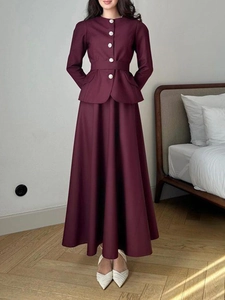 Elegant wine red two-piece skirt set with peplum buttoned top and long A-line skirt
