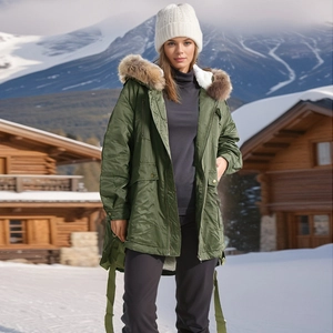 Detail of army green winter parka with a thick faux fur collar hood and warm lining