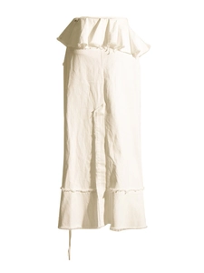White high-waisted denim maxi skirt with peplum waist and frayed hem detail