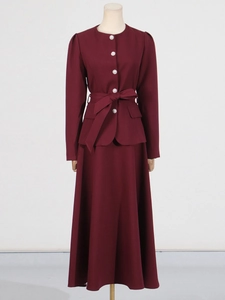 Elegant wine red two-piece suit with pearl buttons and bow belt for women
