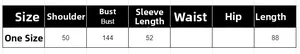 Detailed size chart for loose parka coat featuring shoulder, bust, sleeve, and length metrics