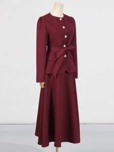 Slim fit burgundy long sleeve top and A-line skirt set with pearl buttons and bow belt