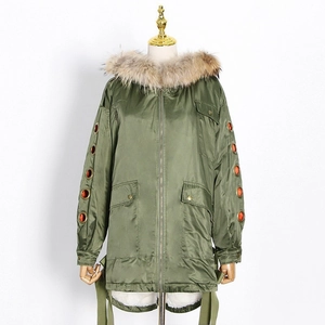 Detail of army green parka with plush fur collar and decorative metal eyelets on sleeves