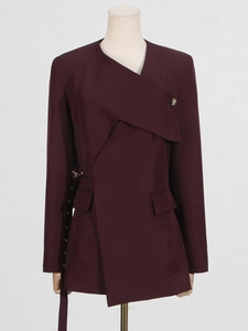 Elegant deep burgundy asymmetrical blazer with irregular collar and belted waist for women