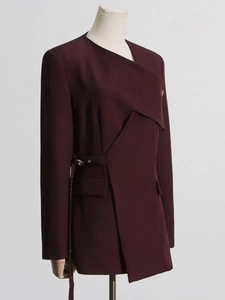 Women's elegant wine red irregular blazer featuring an asymmetrical closure and waist belt